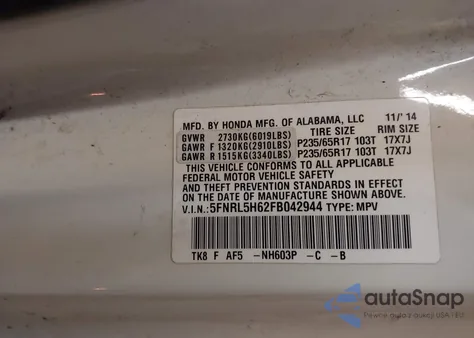 2015 Honda Odyssey Ex-L from USA, damaged, VIN 5FNRL5H62FB042944